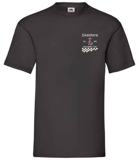 The Checkers Gymnastics T-Shirt by Martin Berrill Sports is a black kids’ top with a small left chest logo featuring the Checkers and Gymnastics Club name, gymnast graphic, checkered pattern, and Est. 1992.