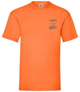 The Checkers Gymnastics T-Shirt by Martin Berrill Sports is an orange cotton short-sleeve shirt with a small “Checkers” logo above a runner and checkered flag on the upper left chest, plus additional text below the image.