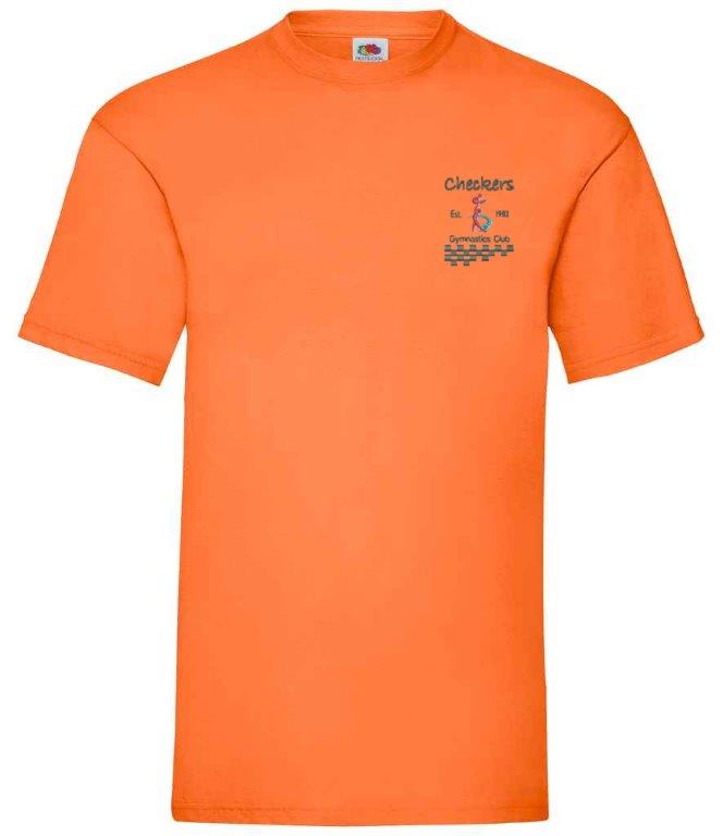 The Checkers Gymnastics T-Shirt by Martin Berrill Sports is an orange cotton short-sleeve shirt with a small “Checkers” logo above a runner and checkered flag on the upper left chest, plus additional text below the image.