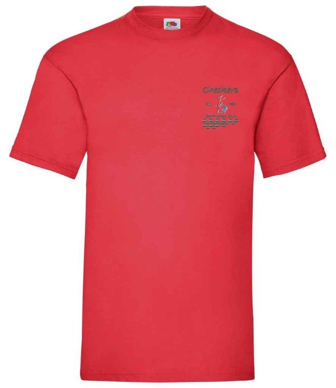 The Checkers Gymnastics T-Shirt by Martin Berrill Sports is a red cotton short-sleeve shirt featuring a small Checkers Running Club logo with text and runner graphic on the left chest.
