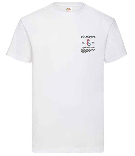 The Checkers Gymnastics T-Shirt by Martin Berrill Sports is a white kids' gymnastics top featuring a small left-chest logo with "Checkers Est. 1982 Gymnastics Club," a cartoon gymnast, and a black checkered pattern.