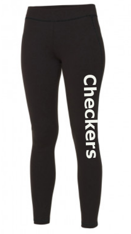 The Martin Berrill Sports Checkers Gymnastics Full Leggings (Junior) are black, feature "Checkers" printed vertically in white on the left thigh, and are made from performance fabric. Displayed against a plain background.
