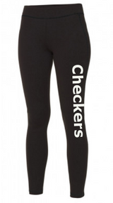 The Martin Berrill Sports Checkers Gymnastics Full Leggings (Junior) are black, feature "Checkers" printed vertically in white on the left thigh, and are made from performance fabric. Displayed against a plain background.