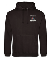 The Checkers Gymnastics Junior Hoody by Martin Berrill Sports is a black hoodie with a front pocket, small left-chest logo featuring "Checkers Running Club," a red runner, and checkered pattern—ideal for active kids.