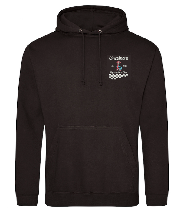 The Checkers Gymnastics Junior Hoody by Martin Berrill Sports is a black hoodie with a front pocket, small left-chest logo featuring "Checkers Running Club," a red runner, and checkered pattern—ideal for active kids.