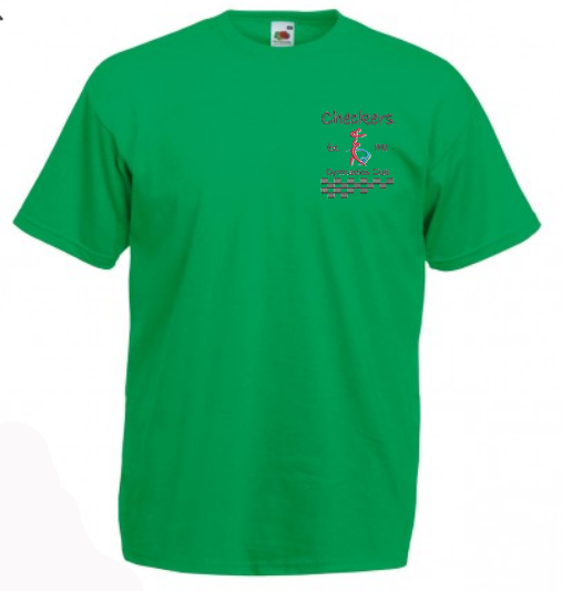 The Checkers Gymnastics T-Shirt by Martin Berrill Sports is a bright green cotton shirt featuring a small "Checkers" logo and flamingo graphic on the left chest, with additional partially unreadable text below.