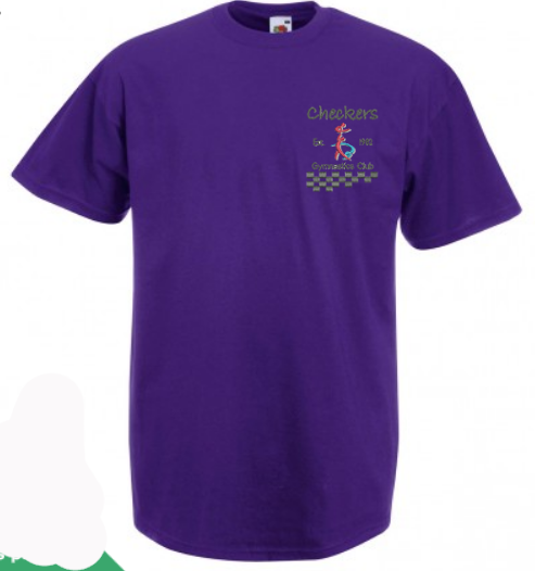 The Martin Berrill Sports Checkers Gymnastics T-Shirt in purple features a small gymnast graphic and checkerboard pattern on the left chest, making it the perfect kids gymnastics top.