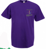 The Martin Berrill Sports Checkers Gymnastics T-Shirt in purple features a small gymnast graphic and checkerboard pattern on the left chest, making it the perfect kids gymnastics top.