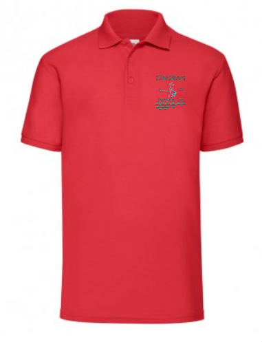 The Checkers Gymnastics Red Polo Shirt (Senior) by Martin Berrill Sports features a collar, short sleeves, and a blue Checkers logo with a swimmer on the left chest—ideal for senior gymnasts or as official team polo.