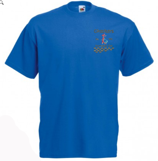 The Martin Berrill Sports Checkers Gymnastics T-Shirt in royal blue features a small checkerboard and a red stick figure with "Checkers UK 2023" on the left chest—perfect as a fun gymnastics top for kids.