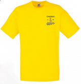 The Martin Berrill Sports Checkers Gymnastics T-Shirt is a bright yellow short-sleeve cotton tee for kids, featuring a small "Checkers Est. 1972" logo with a running stick figure and black checkered pattern on the upper left chest.