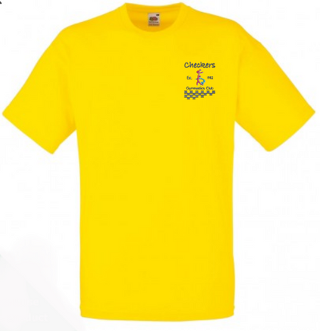 The Martin Berrill Sports Checkers Gymnastics T-Shirt is a bright yellow short-sleeve cotton tee for kids, featuring a small "Checkers Est. 1972" logo with a running stick figure and black checkered pattern on the upper left chest.