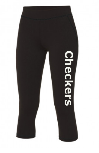 The Checkers Gymnastics 3/4 Leggings (Junior) by Martin Berrill Sports feature "Checkers" in large white letters along the left leg, made from performance fabric. Displayed against a plain white background.