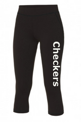 The Checkers Gymnastics 3/4 Leggings (Junior) by Martin Berrill Sports feature "Checkers" in large white letters along the left leg, made from performance fabric. Displayed against a plain white background.