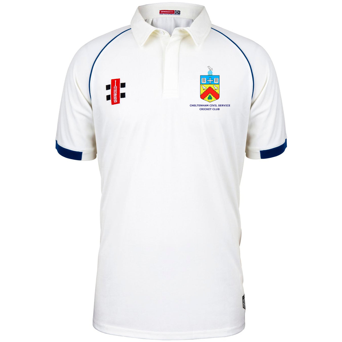 The Martin Berrill Sports Cheltenham Civil Service CC Matrix V2 Short Sleeve Match Shirt features navy blue sleeve trim, embroidered logos and badges on the chest, including a classic crest and a red-and-black striped patch.