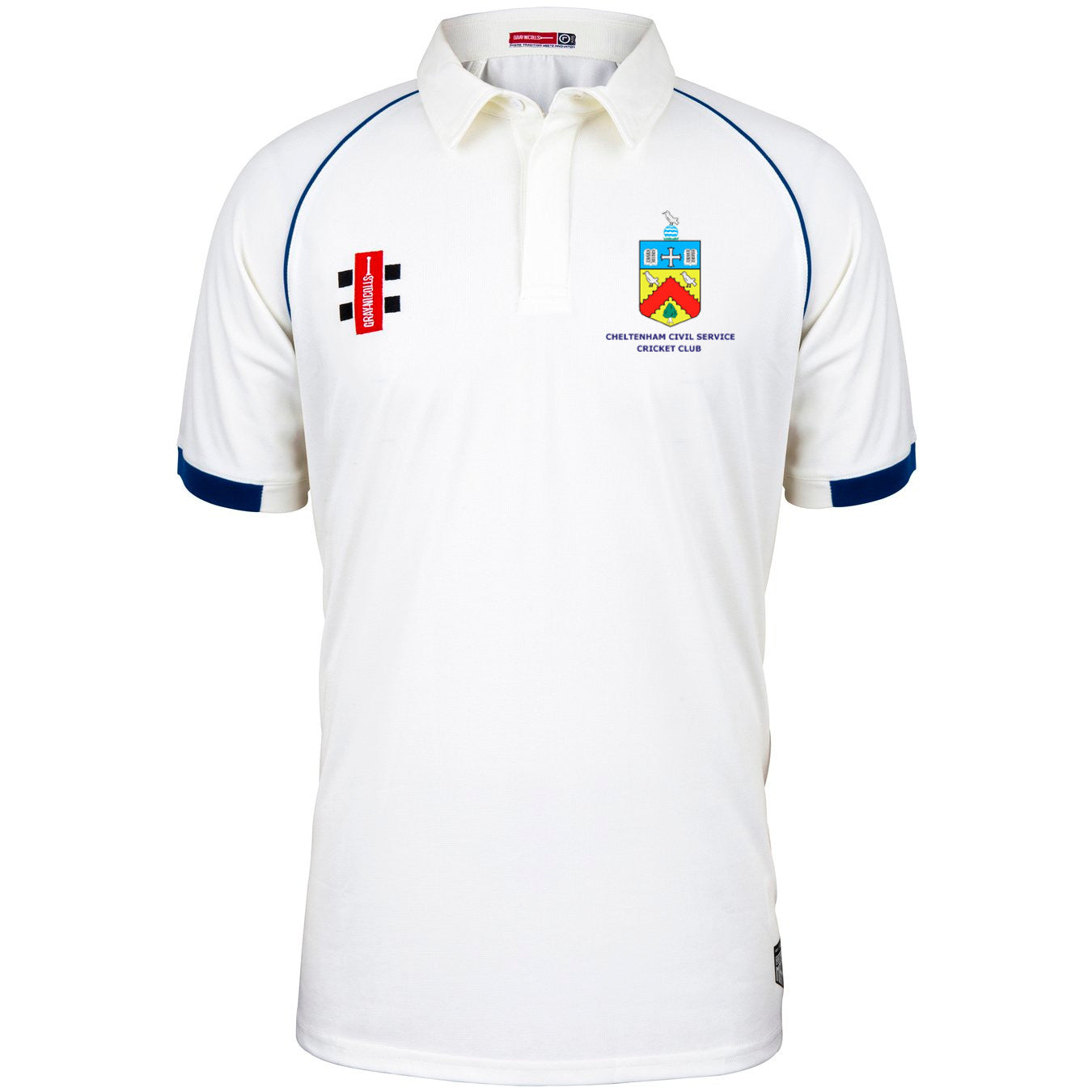 The Martin Berrill Sports Cheltenham Civil Service CC Matrix V2 Short Sleeve Match Shirt features navy blue sleeve trim, embroidered logos and badges on the chest, including a classic crest and a red-and-black striped patch.