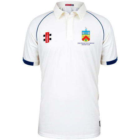 The Martin Berrill Sports Cheltenham Civil Service CC Matrix V2 Short Sleeve Match Shirt features navy blue sleeve trim, embroidered logos and badges on the chest, including a classic crest and a red-and-black striped patch.