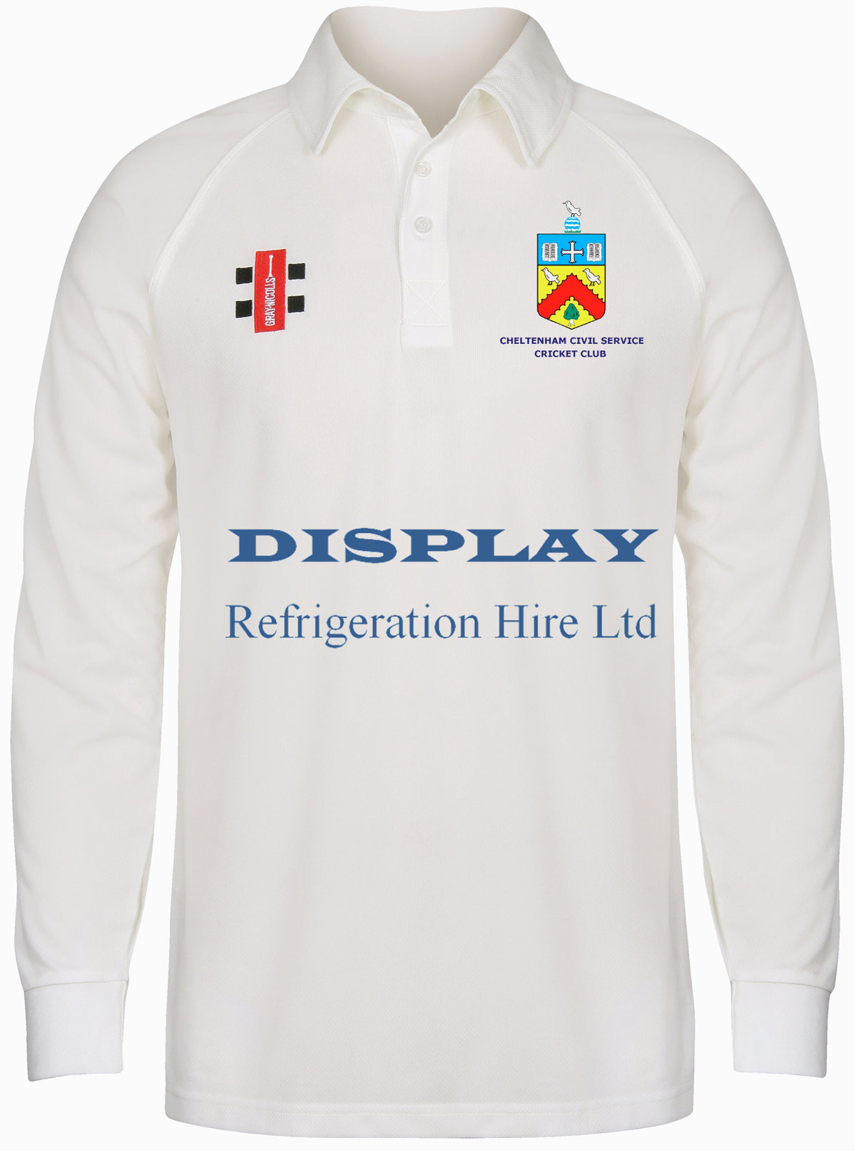 The Gray Nicolls Cheltenham Civil Service CC Matrix V2 Long Sleeve Shirt is moisture-wicking and features the club and sponsor logos, plus bold black and red rectangles on the left chest.