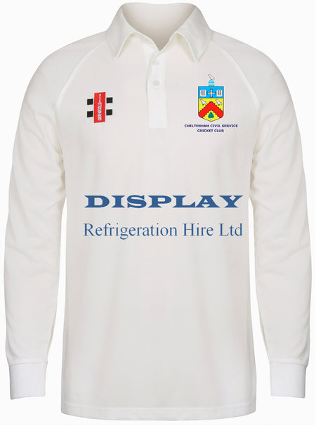 The Gray Nicolls Cheltenham Civil Service CC Matrix V2 Long Sleeve Shirt is moisture-wicking and features the club and sponsor logos, plus bold black and red rectangles on the left chest.