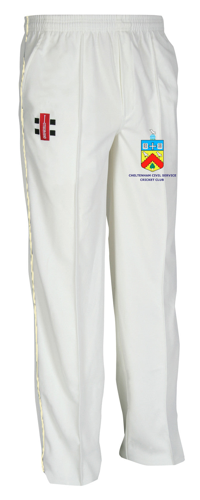 The Gray Nicolls Cheltenham Civil Service CC Matrix V2 Cricket Trouser features an elastic waistband, tapered fit, a red and black logo on the right thigh, and a blue and yellow club crest on the left thigh.