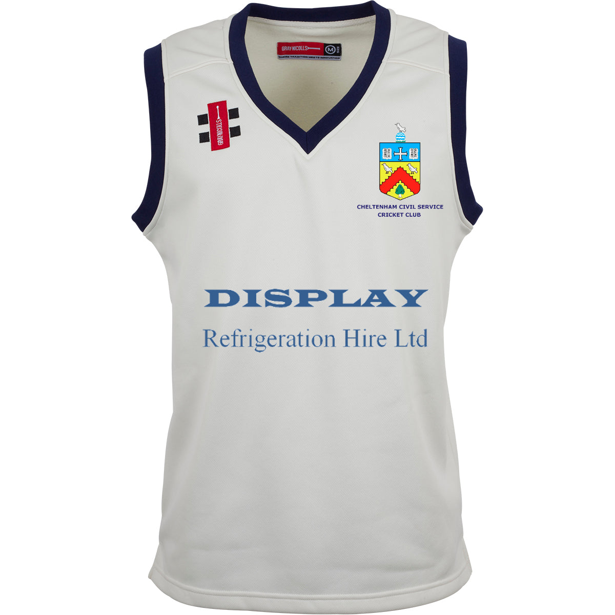 The Gray Nicolls Cheltenham Civil Service CC Pro Performance Slipover is a sleeveless polyester white slipover with navy trim, featuring the club crest and sponsor logos on the chest and front.