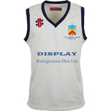The Gray Nicolls Cheltenham Civil Service CC Pro Performance Slipover is a sleeveless polyester white slipover with navy trim, featuring the club crest and sponsor logos on the chest and front.
