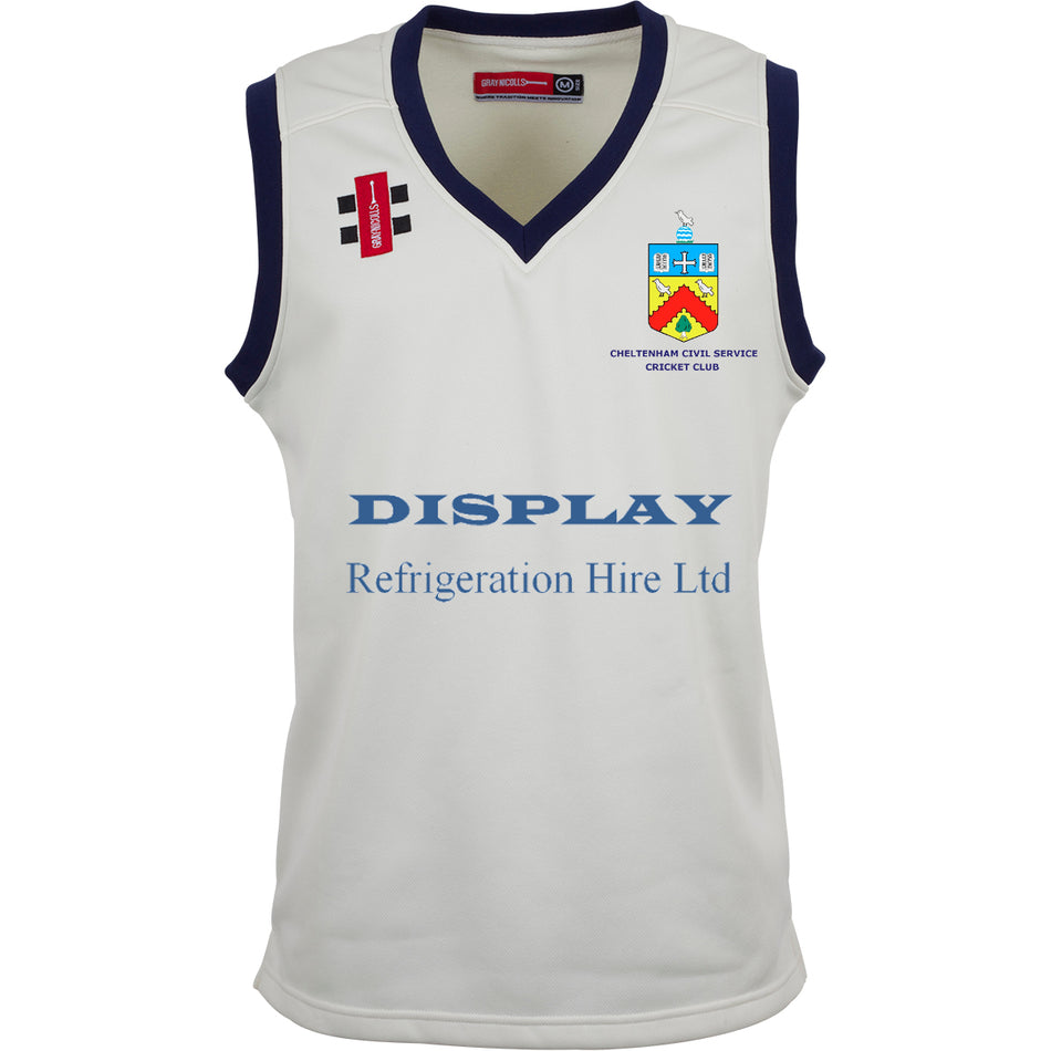 The Gray Nicolls Cheltenham Civil Service CC Pro Performance Slipover is a sleeveless polyester white slipover with navy trim, featuring the club crest and sponsor logos on the chest and front.
