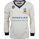 The Gray Nicolls Cheltenham Civil Service CC Pro Performance Sweater is a long-sleeve white cricket jersey with blue collar and cuffs, 100% Polyester with wicking, CCCSC crest, and Display Refrigeration Hire Ltd sponsor logo.
