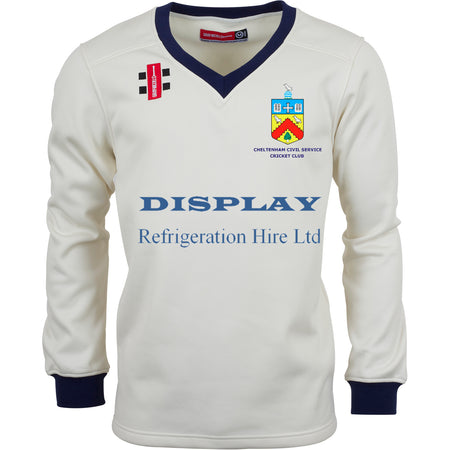 The Gray Nicolls Cheltenham Civil Service CC Pro Performance Sweater is a long-sleeve white cricket jersey with blue collar and cuffs, 100% Polyester with wicking, CCCSC crest, and Display Refrigeration Hire Ltd sponsor logo.