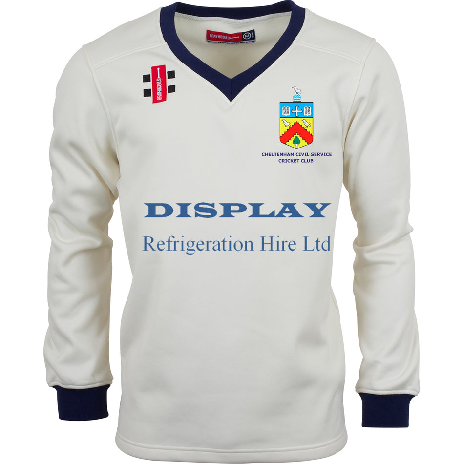 The Gray Nicolls Cheltenham Civil Service CC Pro Performance Sweater is a long-sleeve white cricket jersey with blue collar and cuffs, 100% Polyester with wicking, CCCSC crest, and Display Refrigeration Hire Ltd sponsor logo.