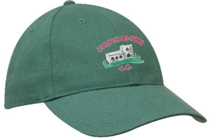 The Churchdown CC Green Baseball Cap by Martin Berrill Sports features a church illustration with the club logo, "CHURCHDOWN" above and "C.C." below in red, plus The Old Elm Inn sponsor for a unique finish.