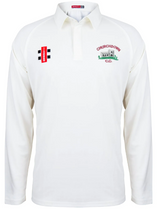 The Churchdown CC Matrix V2 Long Sleeve Shirt by Gray Nicolls is a white polyester cricket top featuring a collar and two embroidered chest logos—a Churchdown CC crest with clubhouse image and a rectangular sponsor logo.