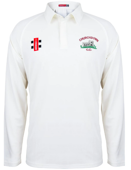 The Churchdown CC Matrix V2 Long Sleeve Shirt by Gray Nicolls is a white polyester cricket top featuring a collar and two embroidered chest logos—a Churchdown CC crest with clubhouse image and a rectangular sponsor logo.