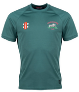 The Churchdown CC Matrix V2 T-Shirt by Gray Nicolls is a green short-sleeved training top, featuring an embroidered Club Logo with CHURCHDOWN CC on the right chest, a small red and white logo on the left, and a classic crew neckline.