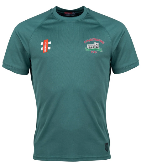 The Churchdown CC Matrix V2 T-Shirt by Gray Nicolls is a green short-sleeved training top, featuring an embroidered Club Logo with CHURCHDOWN CC on the right chest, a small red and white logo on the left, and a classic crew neckline.