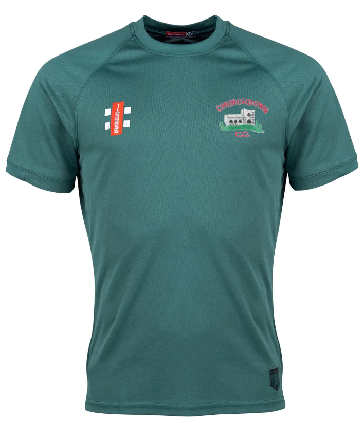 The Churchdown CC Matrix V2 T-Shirt by Gray Nicolls is a green short-sleeved training top, featuring an embroidered Club Logo with CHURCHDOWN CC on the right chest, a small red and white logo on the left, and a classic crew neckline.
