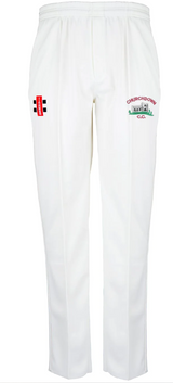 The Gray Nicolls Churchdown CC Matrix V2 Cricket Trousers are white with an ergonomic design, a red and black logo on the left thigh, and "CHURCHDOWN Social CO." plus green graphic detailing on the right thigh for extra style.