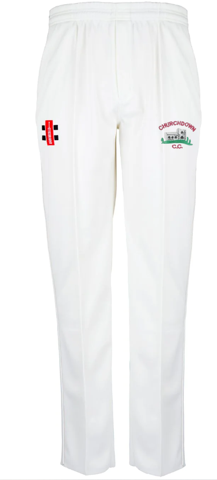 The Gray Nicolls Churchdown CC Matrix V2 Cricket Trousers are white with an ergonomic design, a red and black logo on the left thigh, and "CHURCHDOWN Social CO." plus green graphic detailing on the right thigh for extra style.
