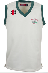 The Gray Nicolls Churchdown CC Pro Performance Slipover is a sleeveless white fleece with green trim, featuring an embroidered Churchdown C.C. logo—classic lightweight cricket sportswear.