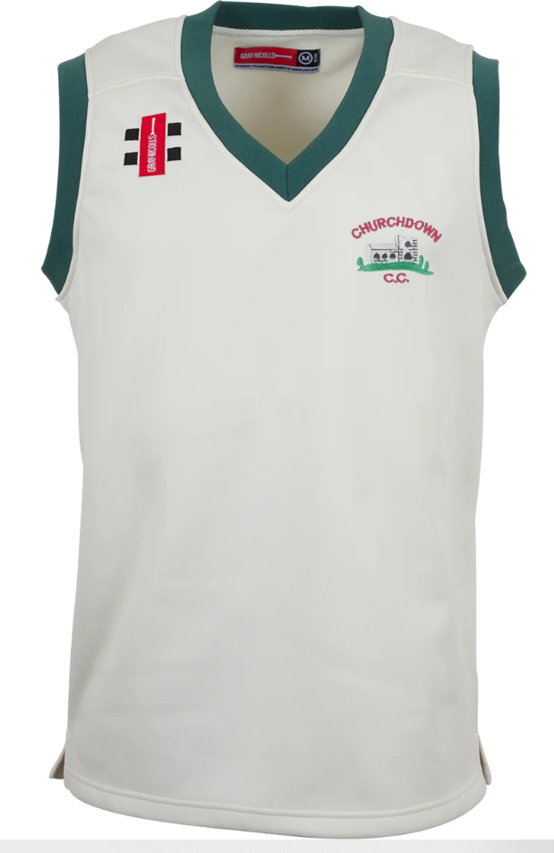 The Gray Nicolls Churchdown CC Pro Performance Slipover is a sleeveless white fleece with green trim, featuring an embroidered Churchdown C.C. logo—classic lightweight cricket sportswear.