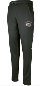 Gray Nicolls Churchdown CC Pro Performance Training Trousers feature a drawstring waist, side pockets, and a colorful embroidered club logo with a cricket-themed design on the left thigh, inspired by classic polyester cricket trousers.