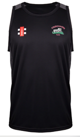 The Gray Nicolls Churchdown CC Pro Performance Vest is a sleeveless black cricket vest with mesh sides, featuring a red and white patch on the left and the Churchdown C.C. logo with building image in green and red on the right chest.