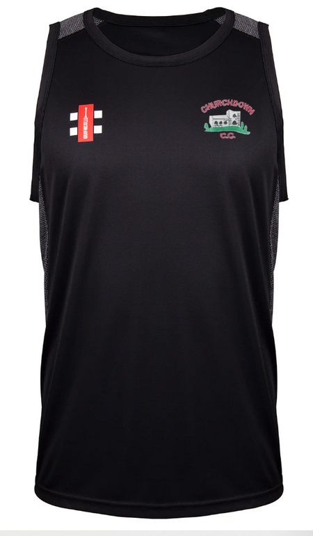 The Gray Nicolls Churchdown CC Pro Performance Vest is a sleeveless black cricket vest with mesh sides, featuring a red and white patch on the left and the Churchdown C.C. logo with building image in green and red on the right chest.