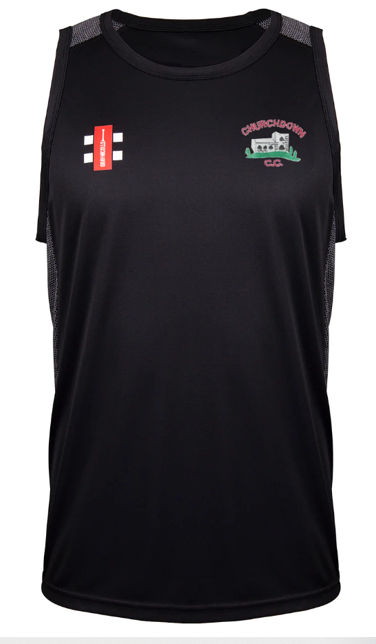 The Gray Nicolls Churchdown CC Pro Performance Vest is a sleeveless black cricket vest with mesh sides, featuring a red and white patch on the left and the Churchdown C.C. logo with building image in green and red on the right chest.