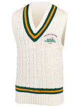 The Churchdown CC Junior Short Sleeve Slipover by Martin Berrill Sports is a white cable-knit sweater with green and yellow stripes on the V-neck and hem, plus an embroidered Churchdown CC logo—ideal as the official junior slipover.
