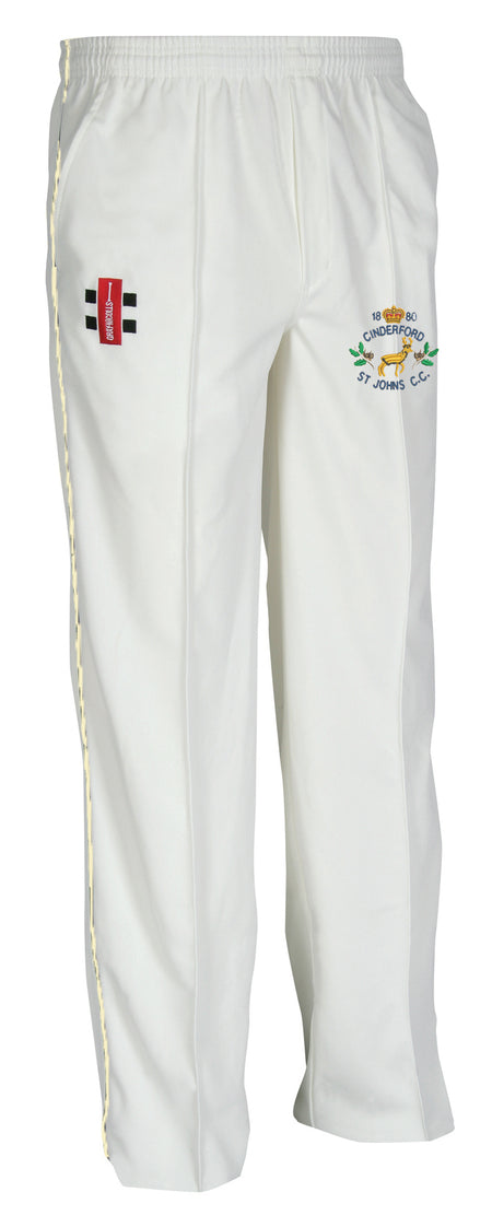 The Gray Nicolls Cinderford St Johns CC Matrix V2 Cricket Trouser features a tapered fit, club logo on the right thigh, red-black-white patch on the left thigh, and moisture control for all-day comfort, shown on a white background.