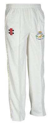 The Gray Nicolls Cinderford St Johns CC Junior Matrix V2 Cricket Trouser is white, moisture-wicking, with an elastic waistband. It has two embroidered logos: a circular logo with text and yellow detail on the left thigh, and a red/black rectangular logo on the right.