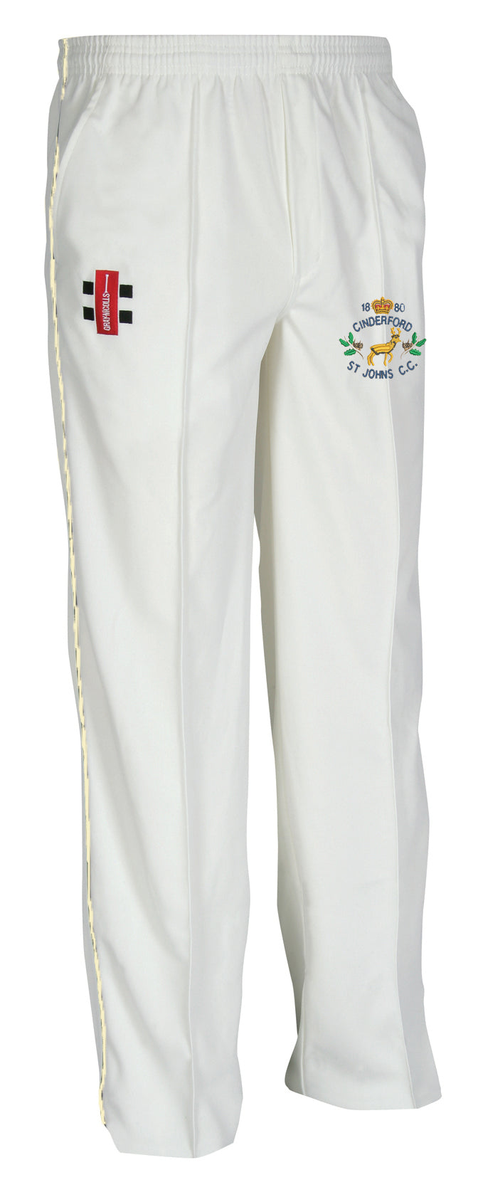 The Gray Nicolls Cinderford St Johns CC Junior Matrix V2 Cricket Trouser is white, moisture-wicking, with an elastic waistband. It has two embroidered logos: a circular logo with text and yellow detail on the left thigh, and a red/black rectangular logo on the right.