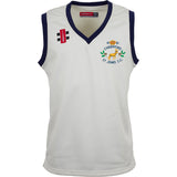 The Gray Nicolls Cinderford St Johns CC Pro Performance Slipover is a white and blue sports jersey, ideal for showing team spirit and style.