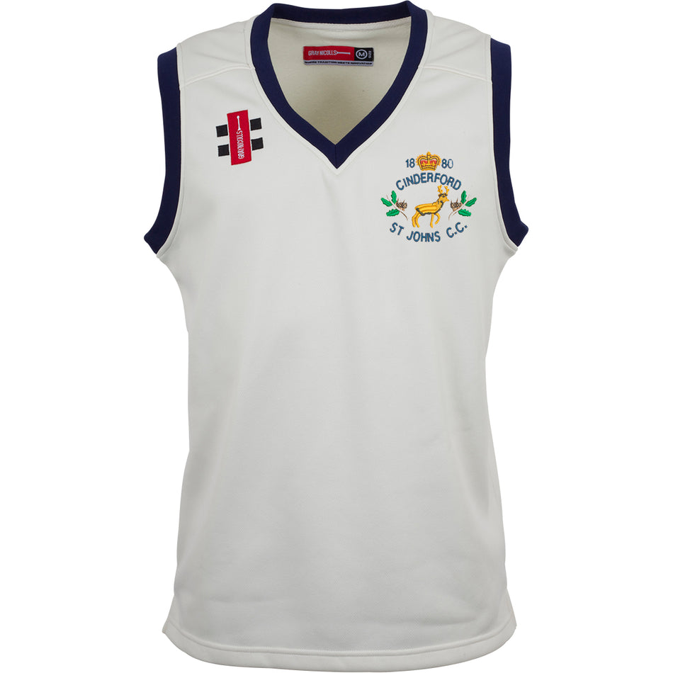 The Gray Nicolls Cinderford St Johns CC Pro Performance Slipover is a white and blue sports jersey, ideal for showing team spirit and style.